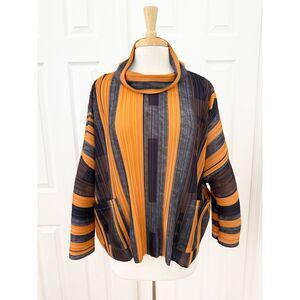 MC Oasis Cowl Neck Black Orange Striped Pleated Pocket Long Sleeve Top One Size